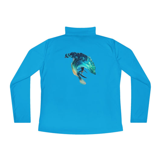 Ladies Quarter-Zip Pullover with Surfing Wave Design - Perfect for Beach Lovers and Outdoor Adventurers