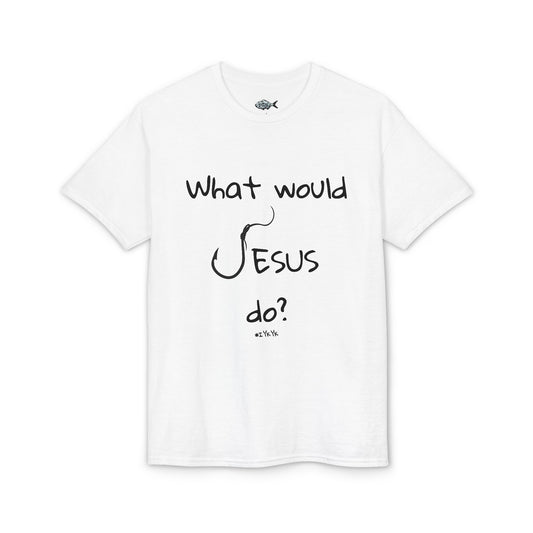 What Would Jesus Do? Christian T-Shirt — Faith Cross Back Design