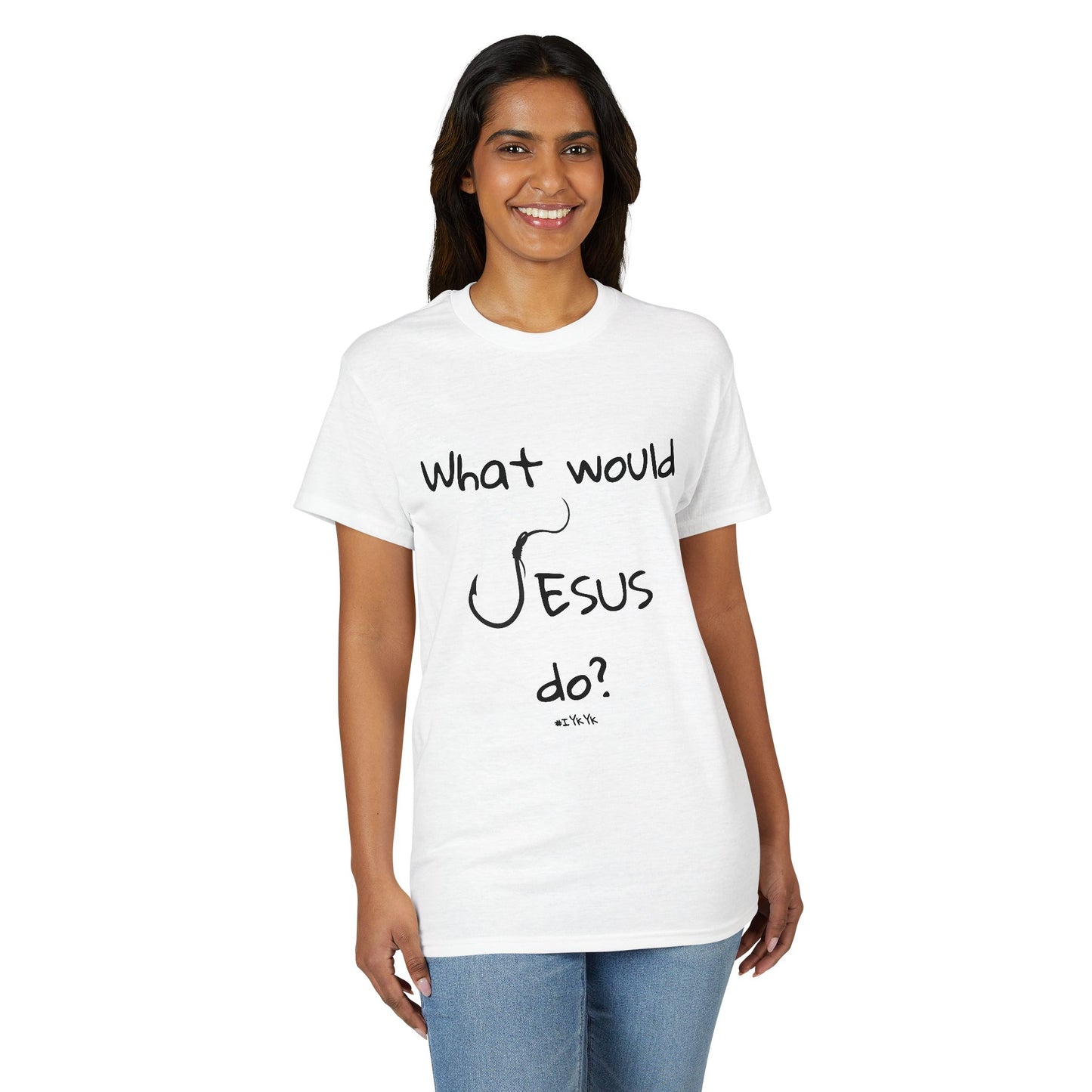 What Would Jesus Do? Christian T-Shirt — Faith Cross Back Design