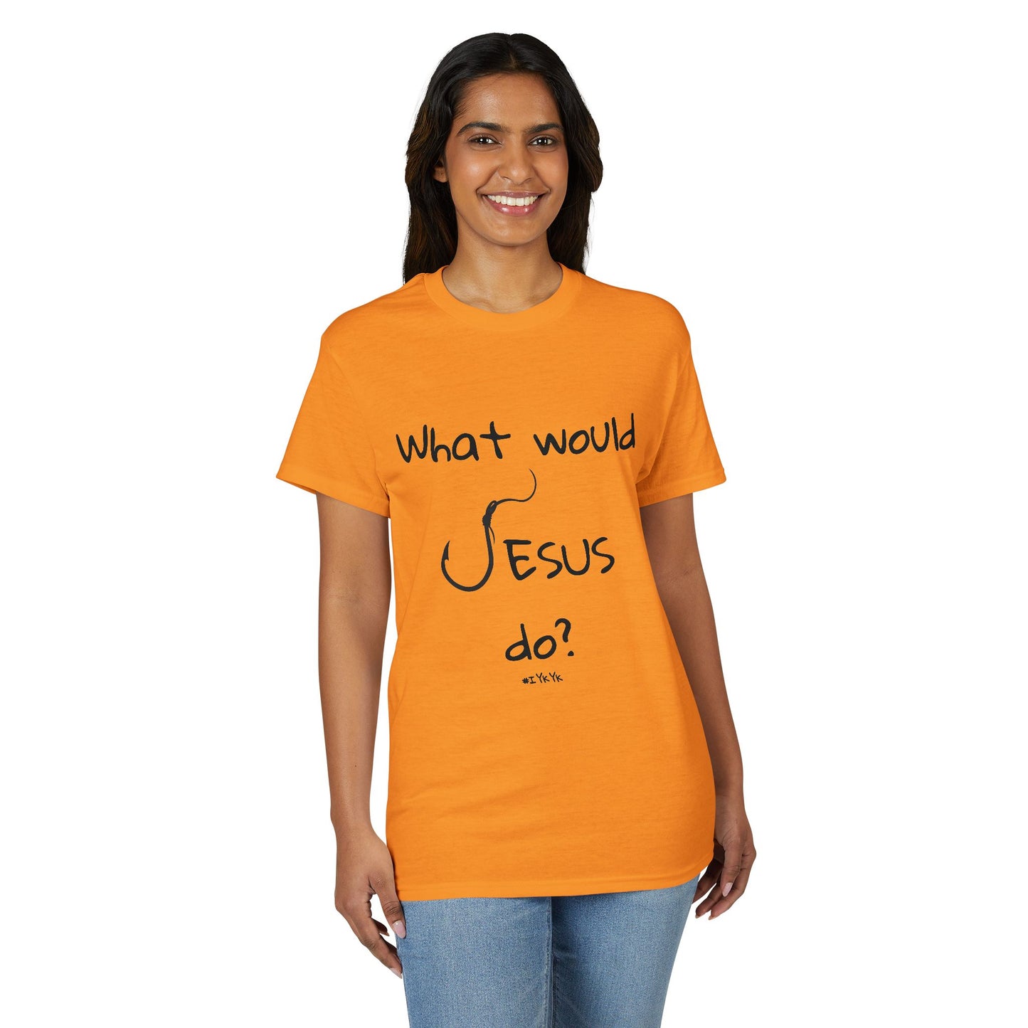 What Would Jesus Do? Christian T-Shirt — Faith Cross Back Design